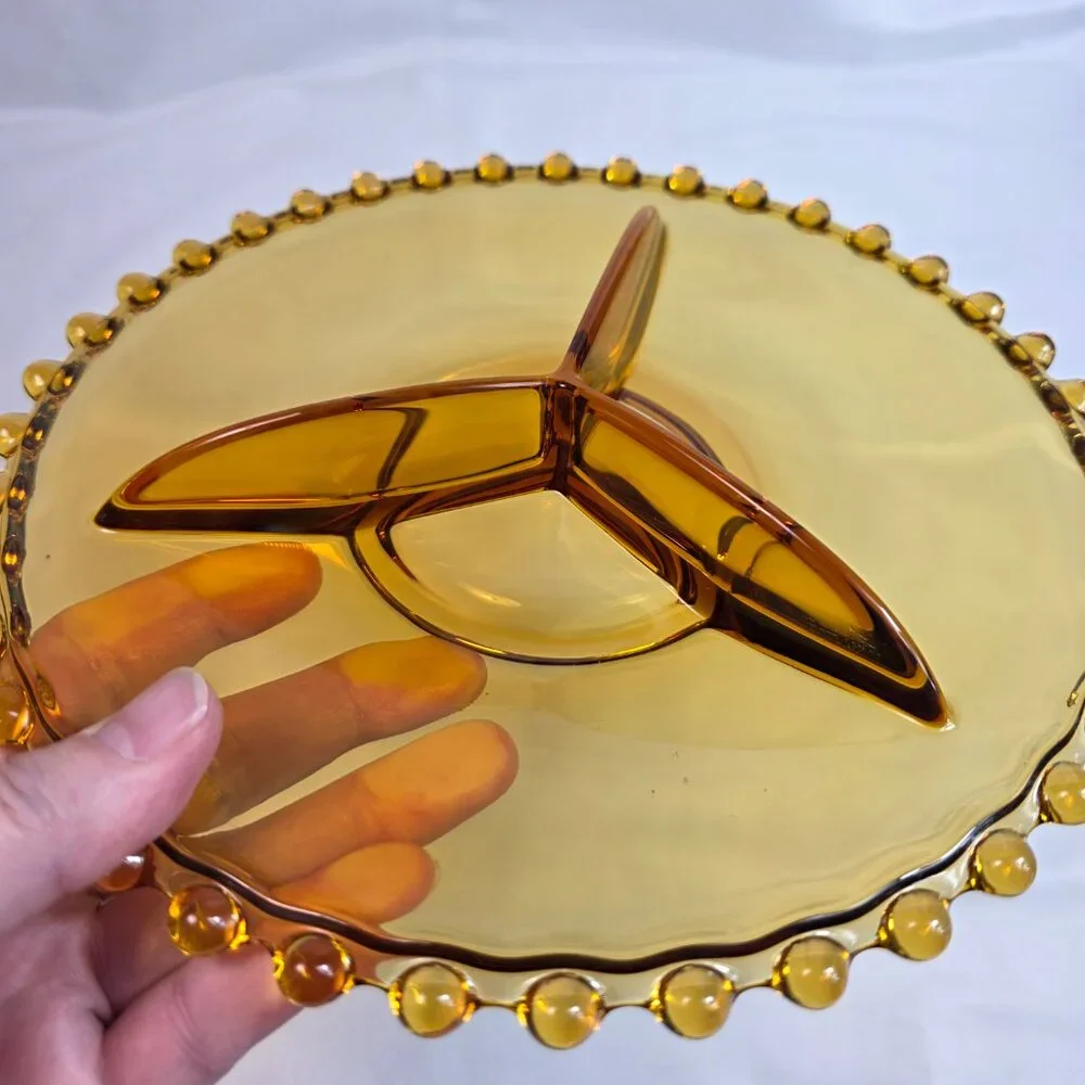 Vintage Amber Three Part Divided Relish Dish Platter Candlewick Style Edge